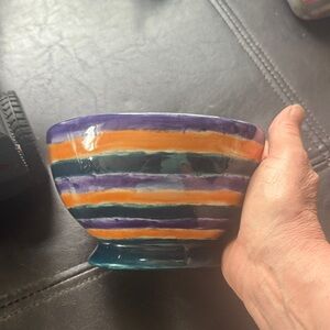 Hand painted Striped footed small Ceramic Bowl - Purple, Orange, and dark green